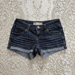 Girly grunge dark wash distressed low rise micro mini shorts